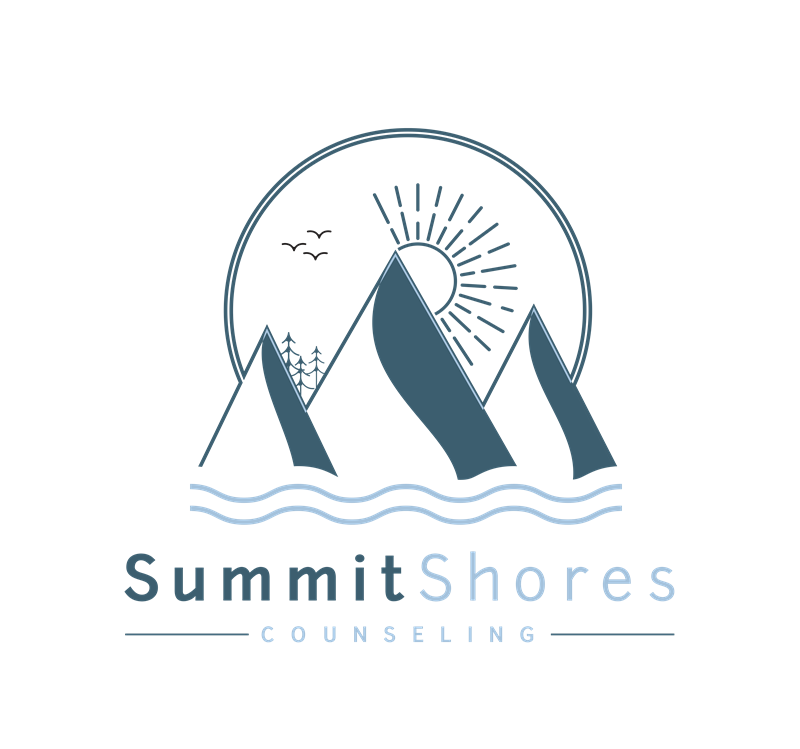 Summit Shores Counseling logo — mountains rising above waves with a sunrise